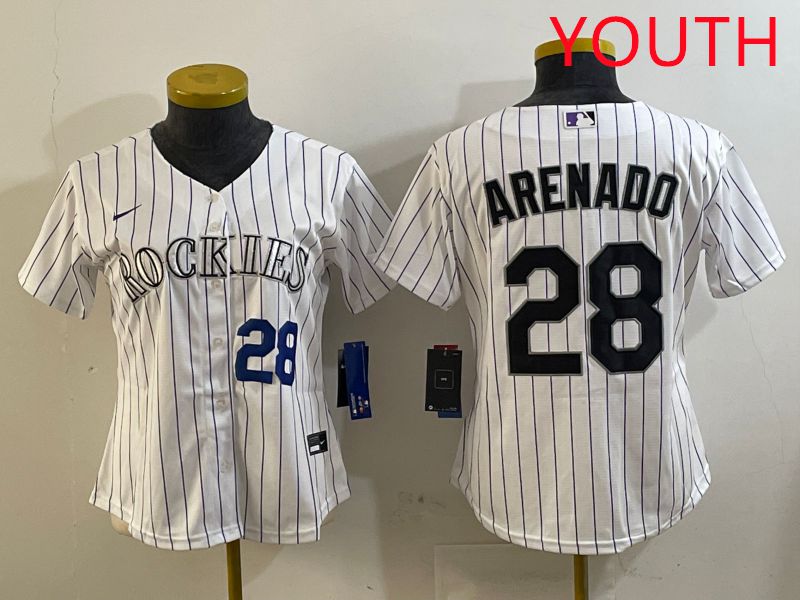 Youth Colorado Rockies #28 Arenado White Stripe Game 2025 Nike MLB Jersey style 2->youth mlb jersey->Youth Jersey